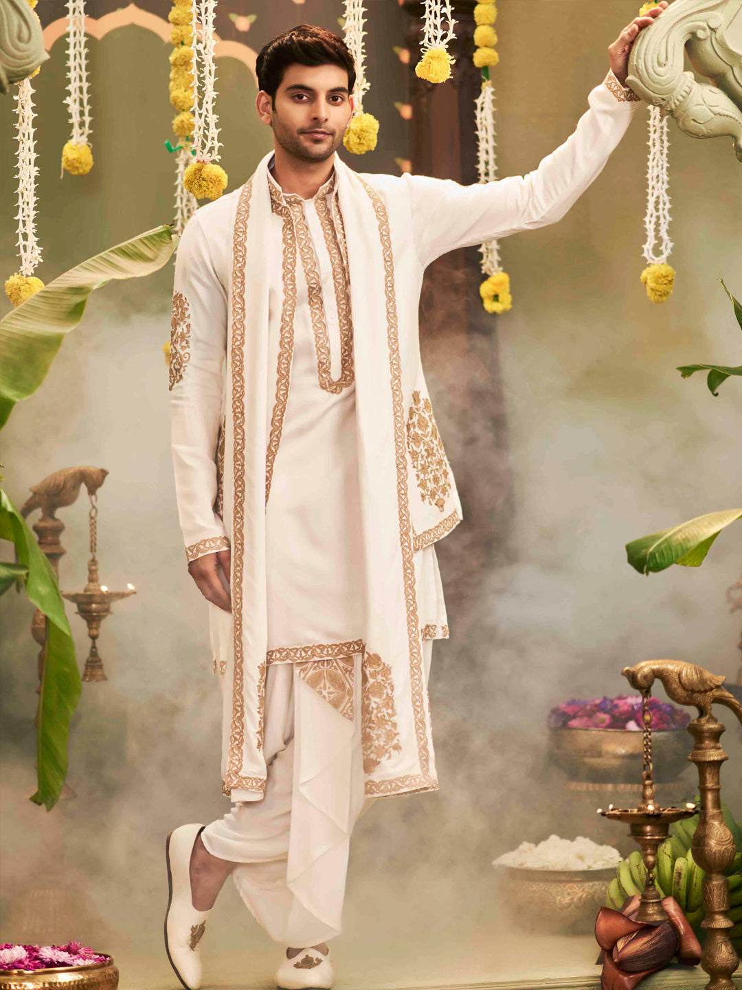 Muhurtham set with Gold foil print zari work on Kurta, Bundi, Stole, and Dhoti - KORANM