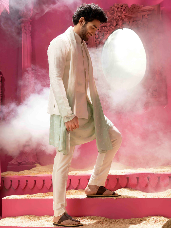 Cream Pista Ombre Bandi With Kurta Set and Dupatta
