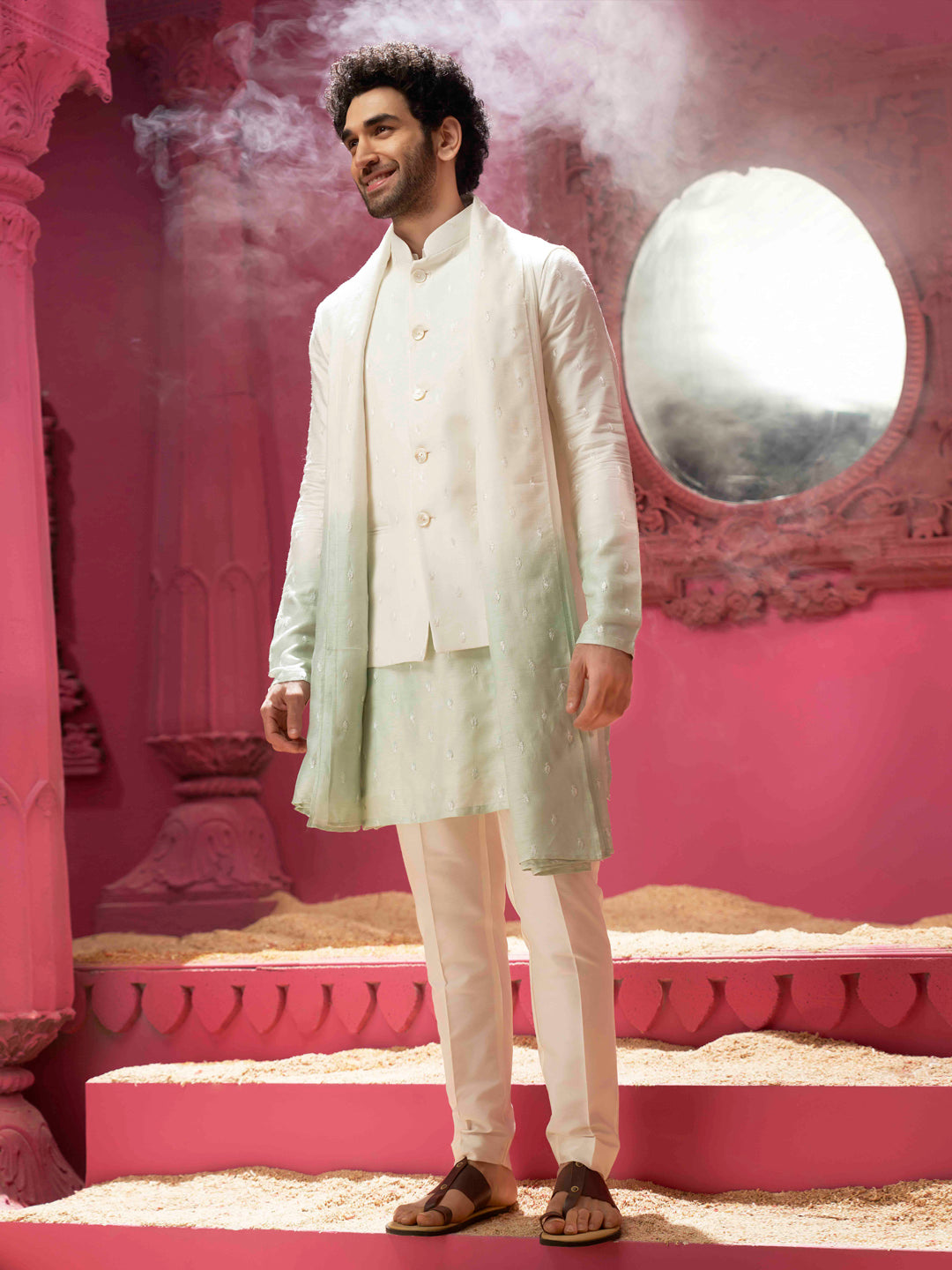 Cream Pista Ombre Bandi With Kurta Set and Dupatta