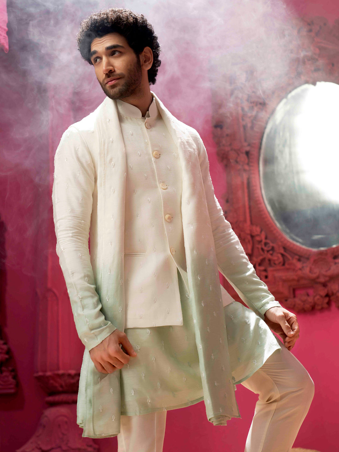 Cream Pista Ombre Bandi With Kurta Set and Dupatta
