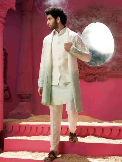 Cream Pista Ombre Jacket With Kurta Set and Dupatta