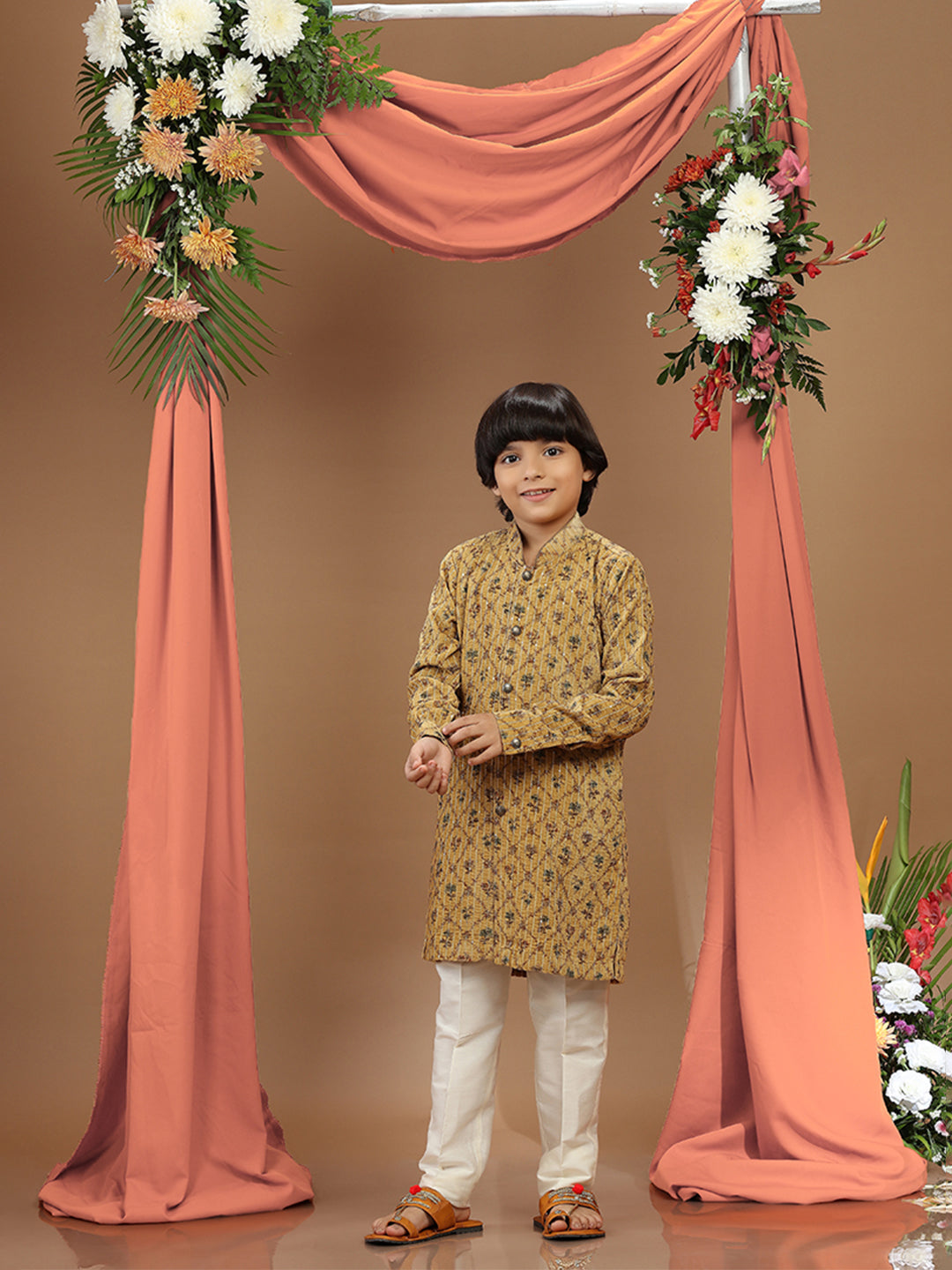 Mustard Yellow Velvet Printed Kurta Set