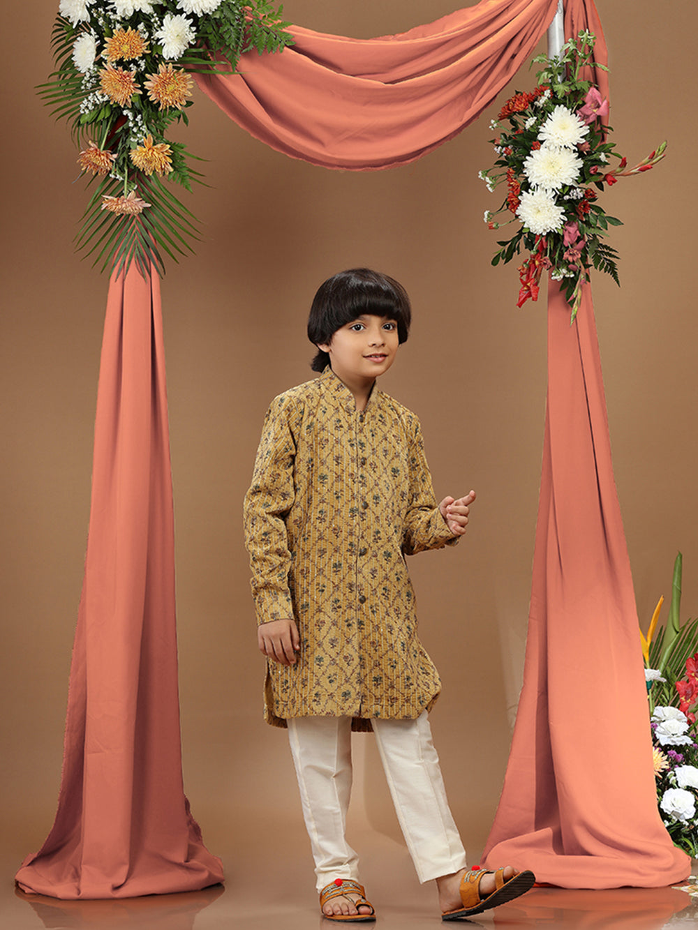 Mustard Yellow Velvet Printed Kurta Set