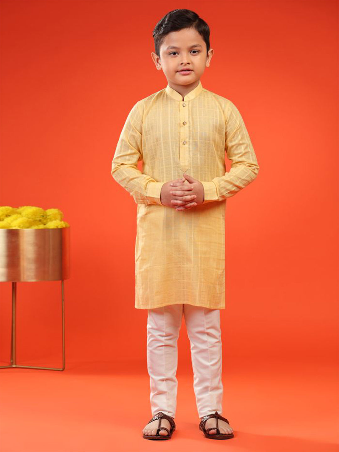 Lemon Zest Yellow Self-Textured Cotton Kurta For Kid Boys