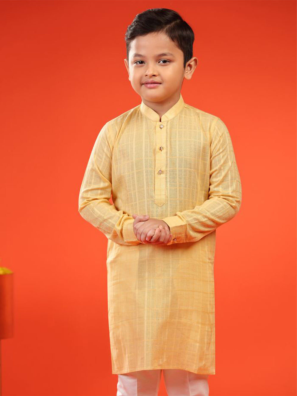 Lemon Zest Yellow Self-Textured Cotton Kurta For Kid Boys