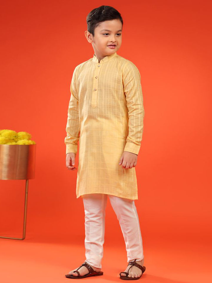 Lemon Zest Yellow Self-Textured Cotton Kurta For Kid Boys