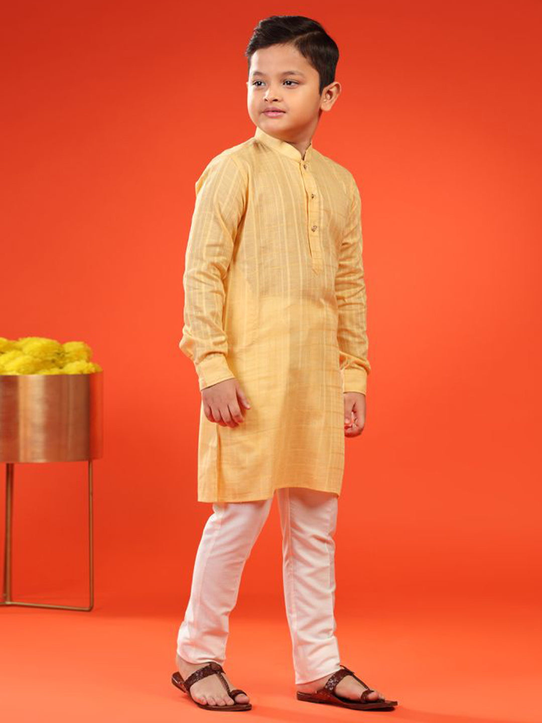 Lemon Zest Yellow Self-Textured Cotton Kurta For Kid Boys