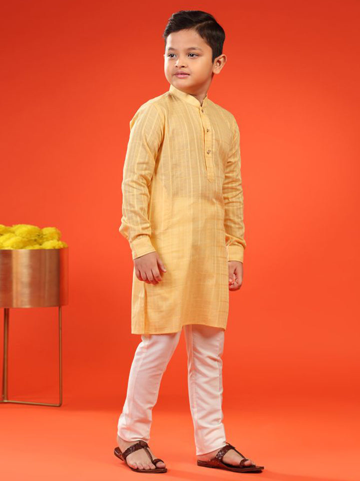 Lemon Zest Yellow Self-Textured Cotton Kurta For Kid Boys