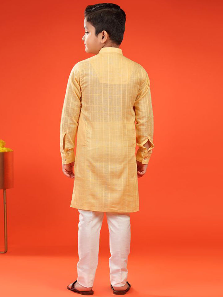 Lemon Zest Yellow Self-Textured Cotton Kurta For Kid Boys
