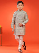 Floral Printed Button-down Brocade Kurta For Kid Boys