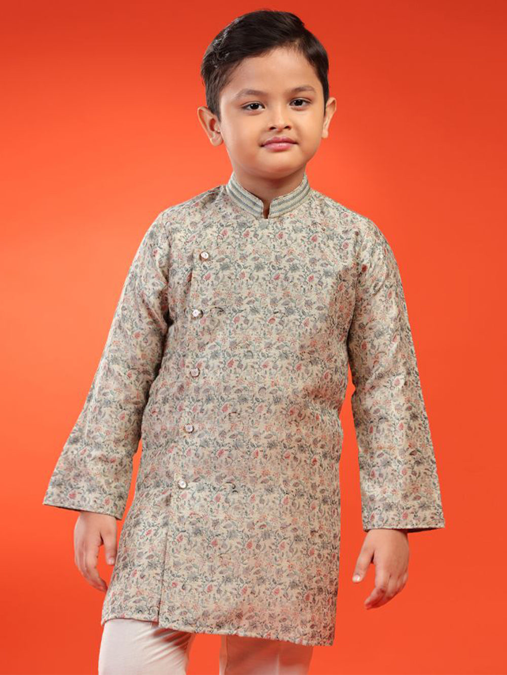 Floral Printed Button-down Brocade Kurta For Kid Boys