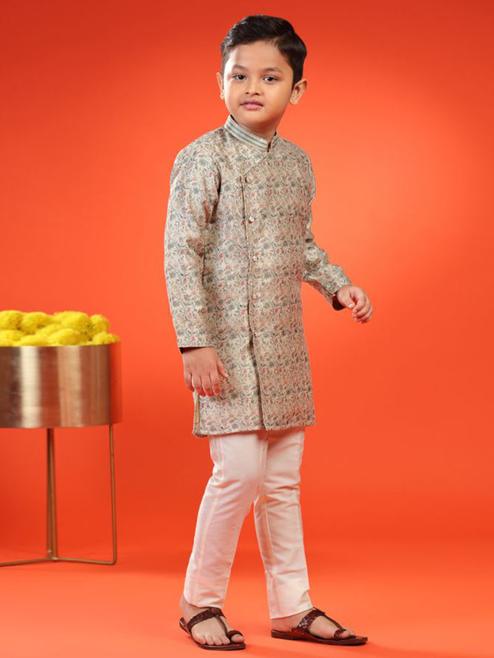 Floral Printed Button-down Brocade Kurta For Kid Boys