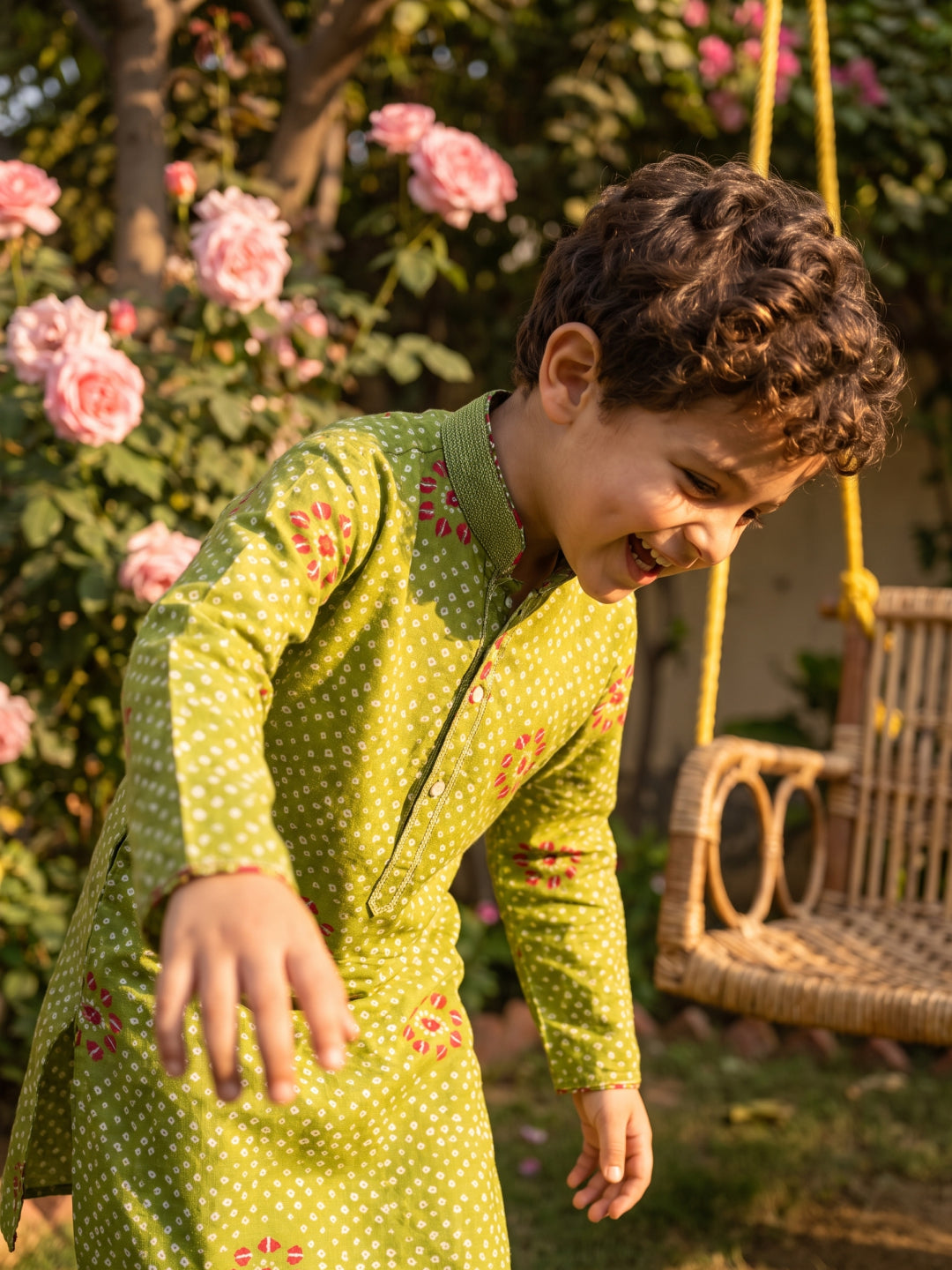 Green Bandhani Printed Silk Kurta with Cream Aligarhi Pant Set for Boys