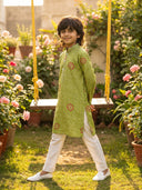 Green Bandhani Printed Silk Kurta with Cream Aligarhi Pant Set for Boys