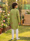 Green Bandhani Printed Silk Kurta with Cream Aligarhi Pant Set for Boys