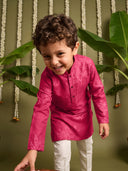 Pink Bandhani Leaf Printed Silk Kurta with Cream Aligarhi Pant Set for Boys