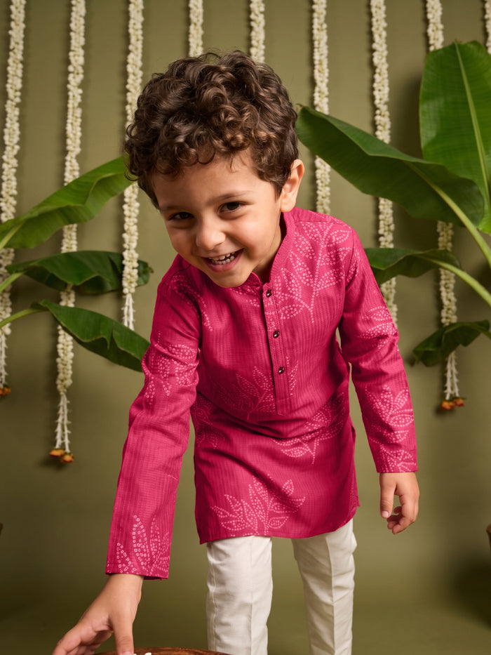 Pink Bandhani Leaf Printed Silk Kurta with Cream Aligarhi Pant Set for Boys