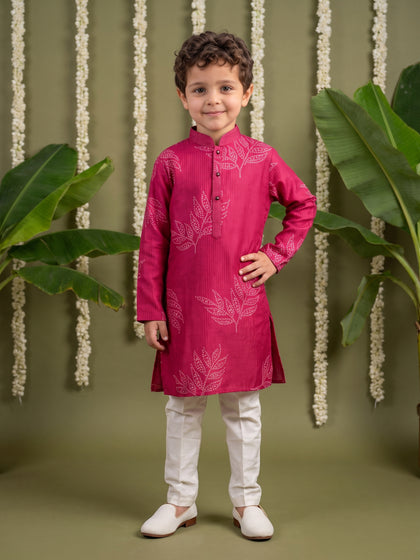 Pink Bandhani Leaf Printed Silk Kurta with Cream Aligarhi Pant Set for Boys
