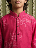 Pink Bandhani Leaf Printed Silk Kurta with Cream Aligarhi Pant Set for Boys