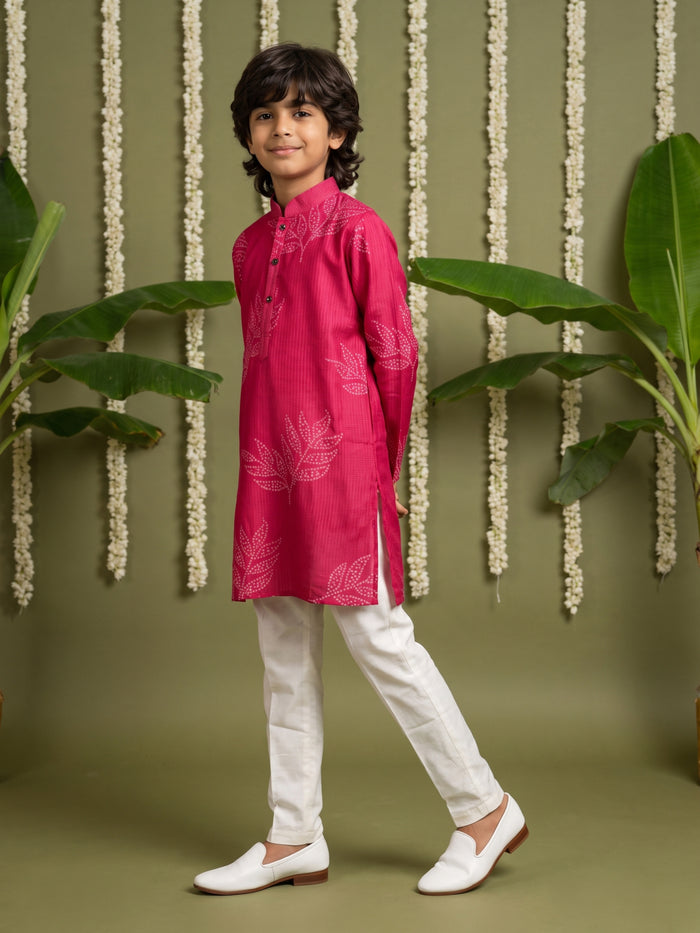 Pink Bandhani Leaf Printed Silk Kurta with Cream Aligarhi Pant Set for Boys