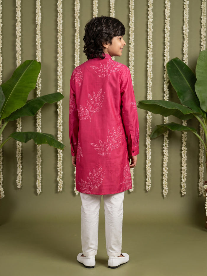 Pink Bandhani Leaf Printed Silk Kurta with Cream Aligarhi Pant Set for Boys