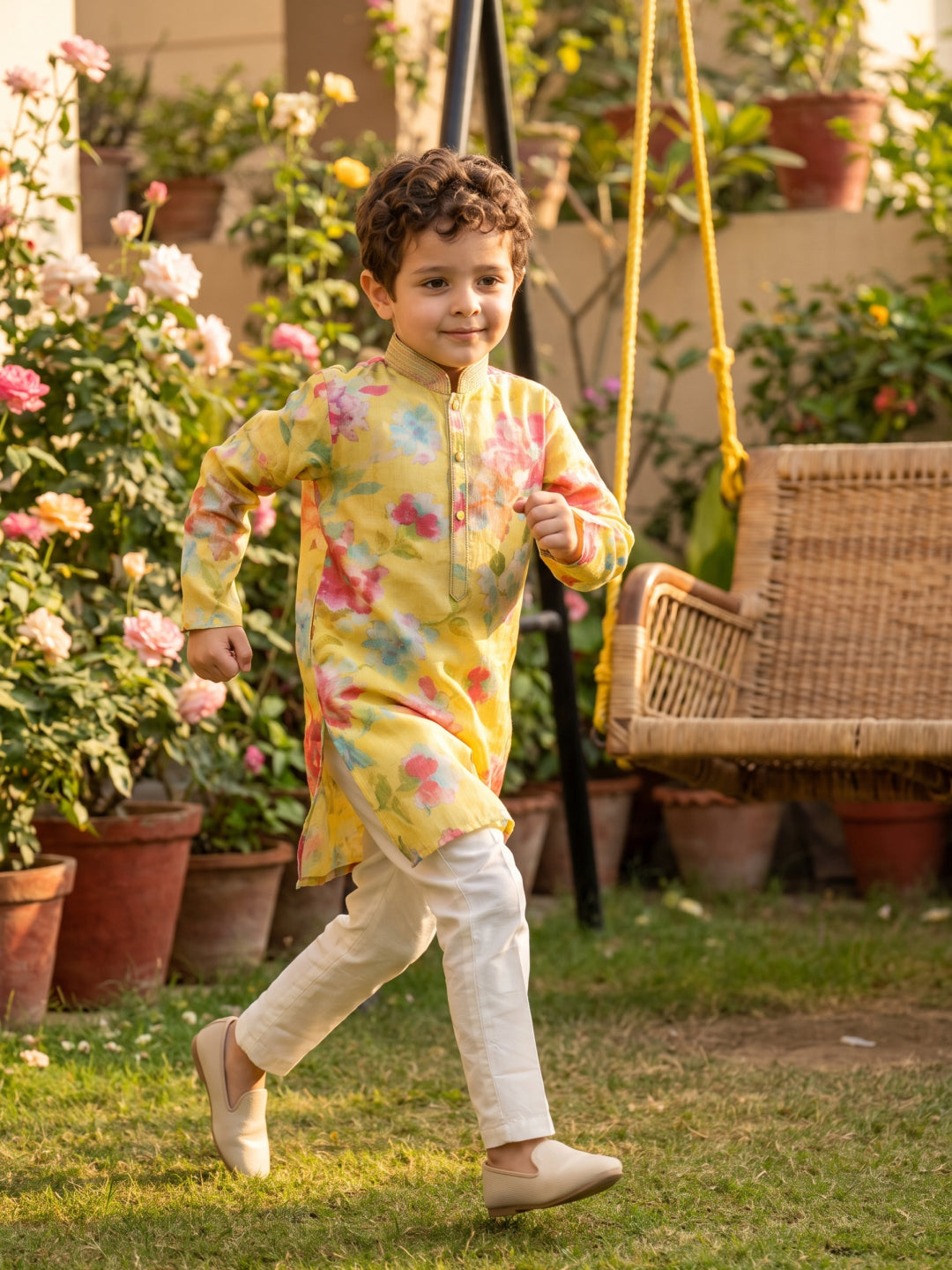 Yellow Floral Printed Premium Silk Kurta with Cream Aligarhi Pant Set for Boys
