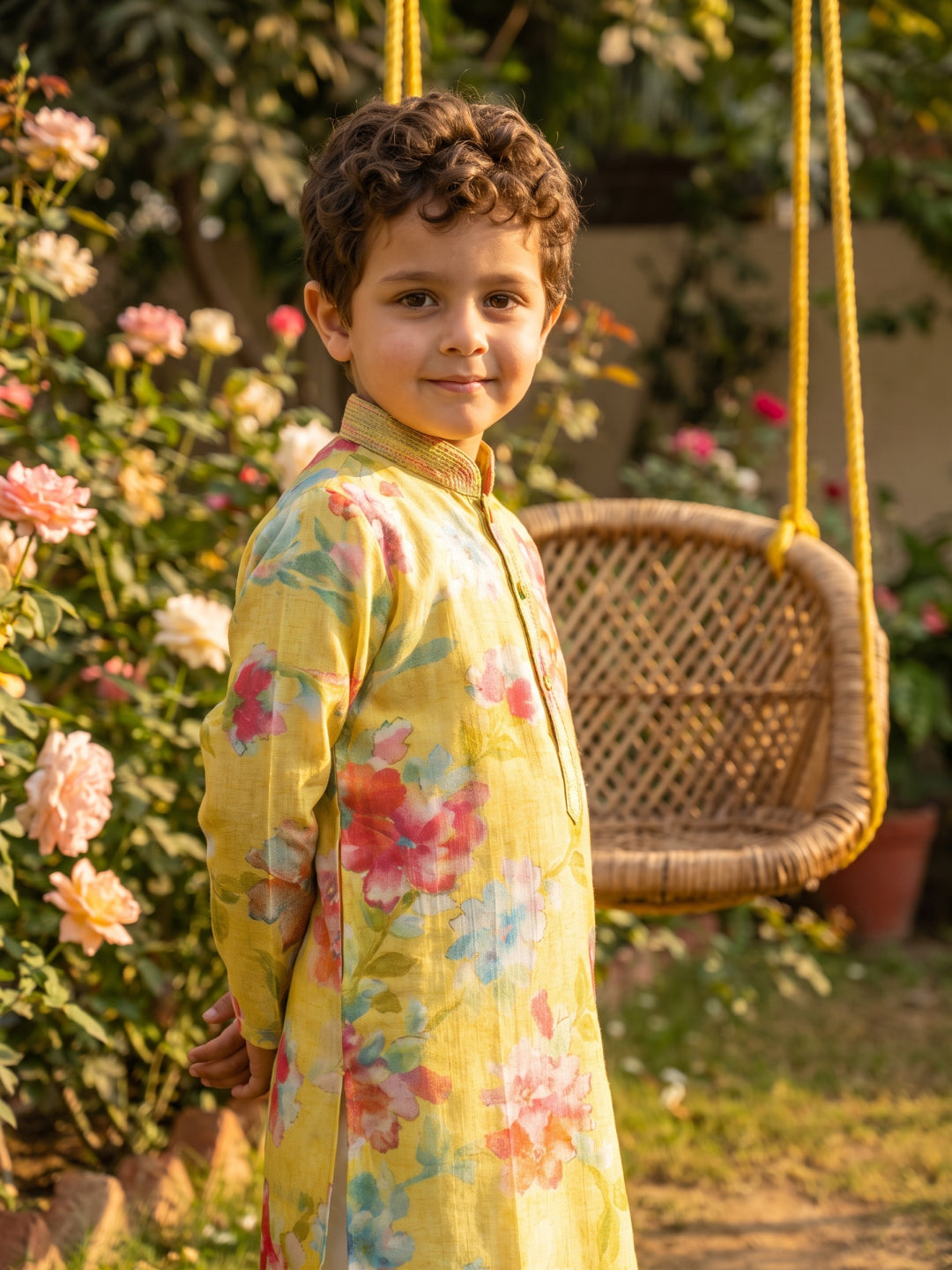 Yellow Floral Printed Premium Silk Kurta with Cream Aligarhi Pant Set for Boys