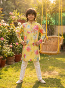 Yellow Floral Printed Premium Silk Kurta with Cream Aligarhi Pant Set for Boys