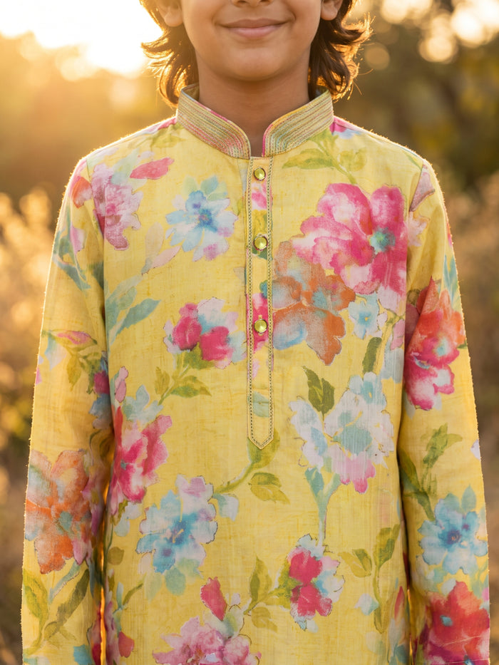 Yellow Floral Printed Premium Silk Kurta with Cream Aligarhi Pant Set for Boys