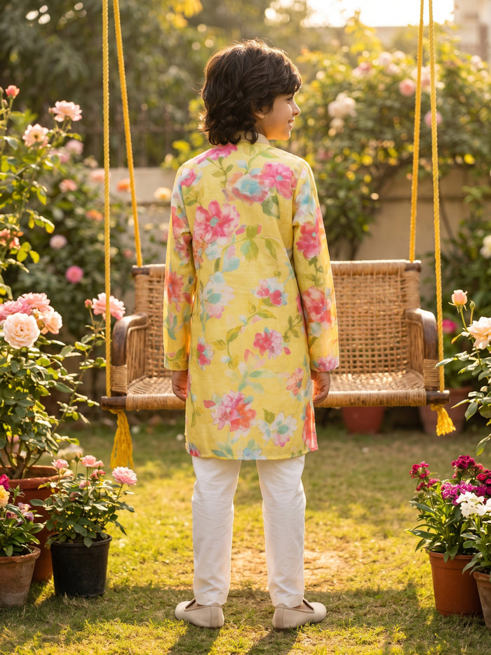 Yellow Floral Printed Premium Silk Kurta with Cream Aligarhi Pant Set for Boys