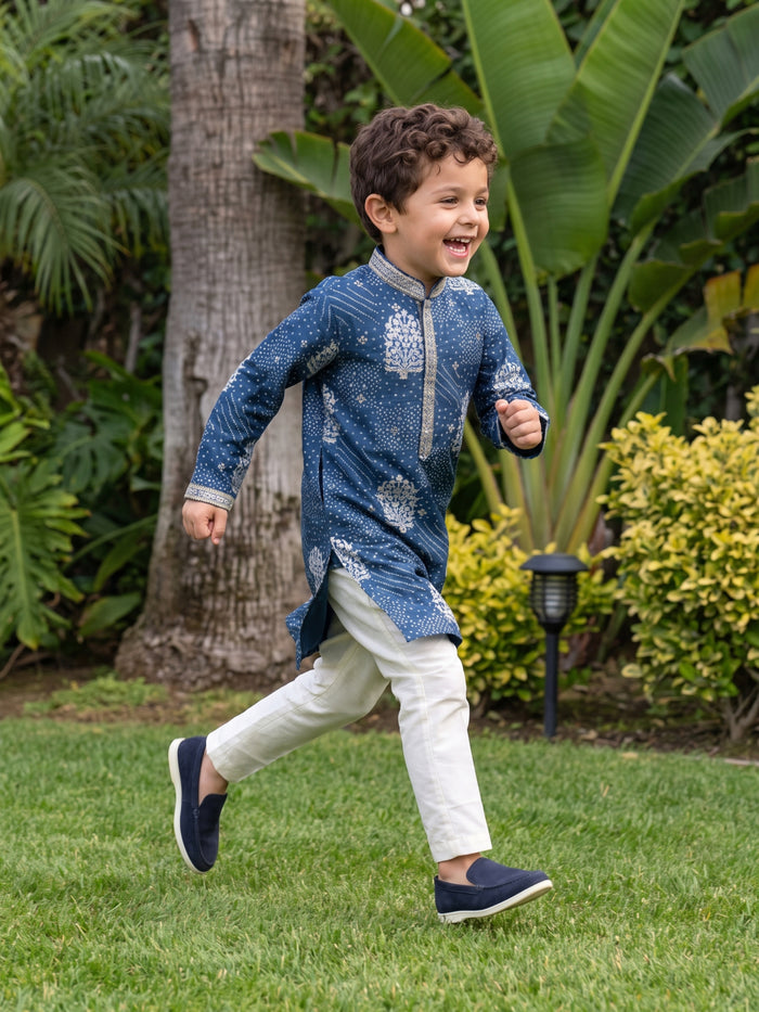 Navy Blue Floral Bandhani Printed Silk Kurta with Off-White Aligarhi Pant Set for Boys