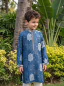 Navy Blue Floral Bandhani Printed Silk Kurta with Off-White Aligarhi Pant Set for Boys