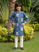 Navy Blue Floral Bandhani Printed Silk Kurta with Off-White Aligarhi Pant Set for Boys