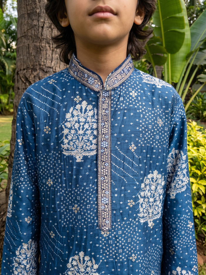 Navy Blue Floral Bandhani Printed Silk Kurta with Off-White Aligarhi Pant Set for Boys