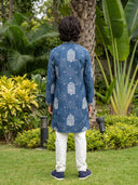 Navy Blue Floral Bandhani Printed Silk Kurta with Off-White Aligarhi Pant Set for Boys