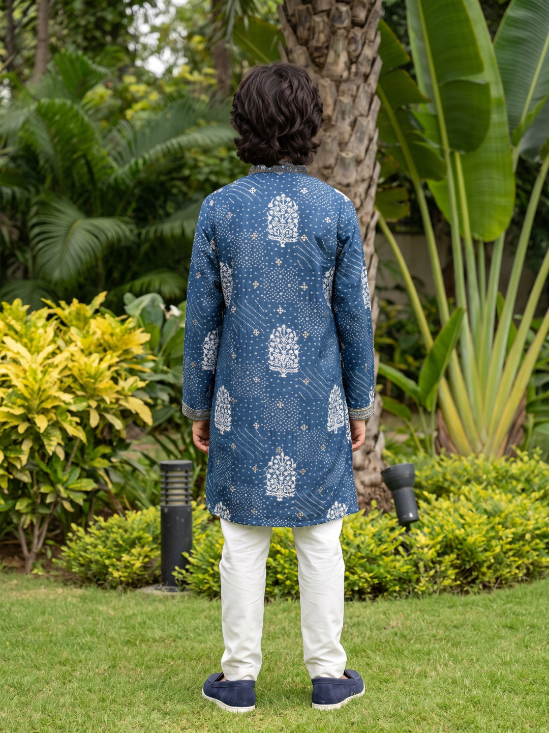 Navy Blue Floral Bandhani Printed Silk Kurta with Off-White Aligarhi Pant Set for Boys