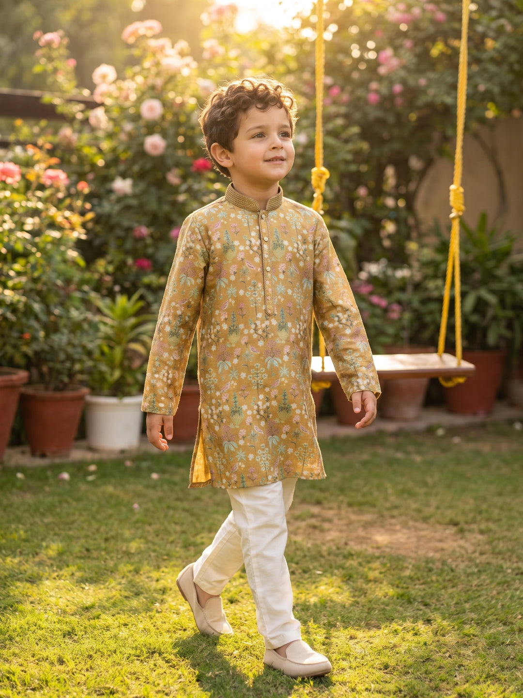Mustard Satin Silk Floral Printed Kurta with Cream Aligarhi Pant Set for Boys - KORANM