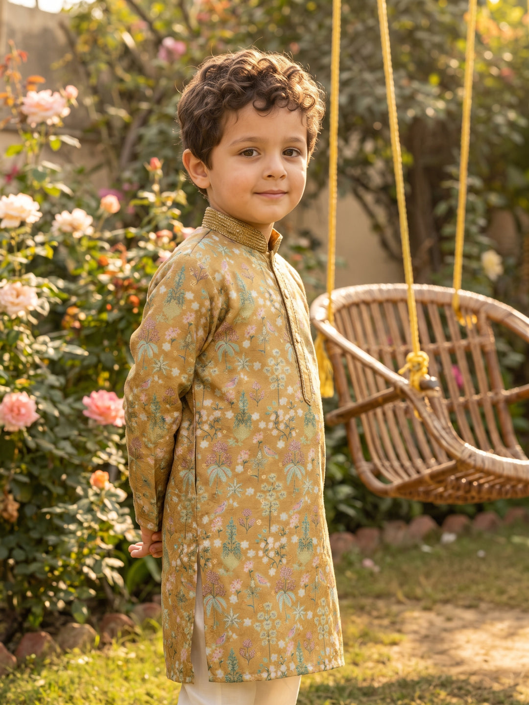 Mustard Satin Silk Floral Printed Kurta with Cream Aligarhi Pant Set for Boys - KORANM