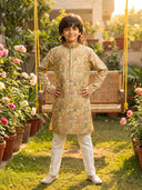 Mustard Satin Silk Floral Printed Kurta with Cream Aligarhi Pant Set for Boys - KORANM