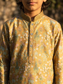 Mustard Satin Silk Floral Printed Kurta with Cream Aligarhi Pant Set for Boys - KORANM