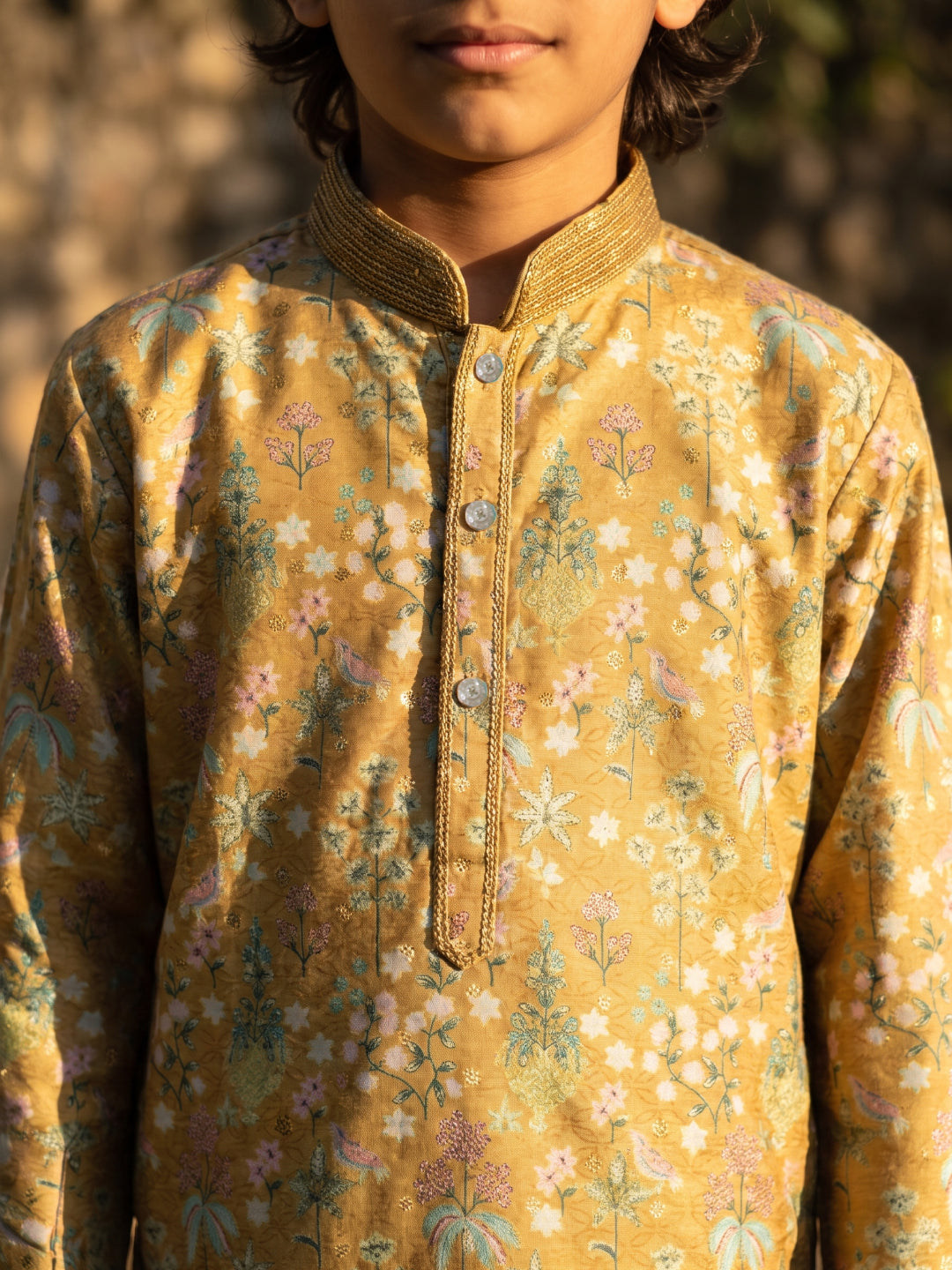 Mustard Satin Silk Floral Printed Kurta with Cream Aligarhi Pant Set for Boys - KORANM