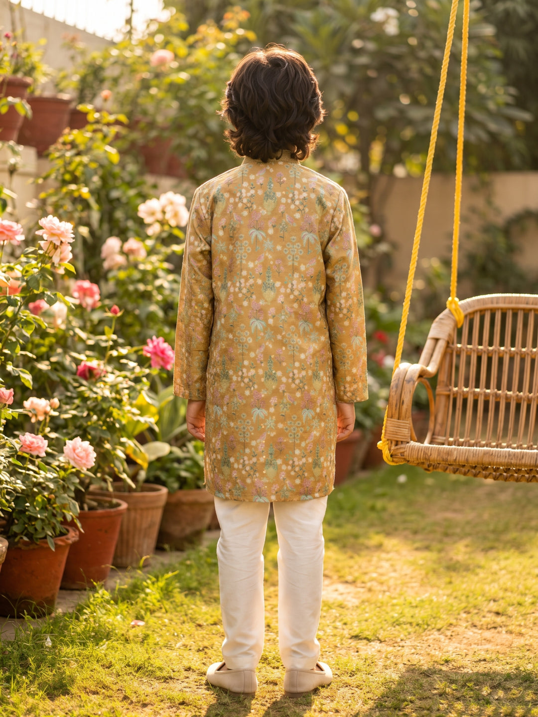 Mustard Satin Silk Floral Printed Kurta with Cream Aligarhi Pant Set for Boys - KORANM