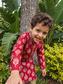 Maroon Printed Cotton Linen Kurta with Antique Gold Aligarhi Pant Set for Boys