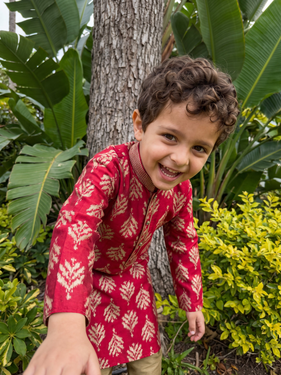 Maroon Printed Cotton Linen Kurta with Antique Gold Aligarhi Pant Set for Boys