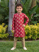Maroon Printed Cotton Linen Kurta with Antique Gold Aligarhi Pant Set for Boys
