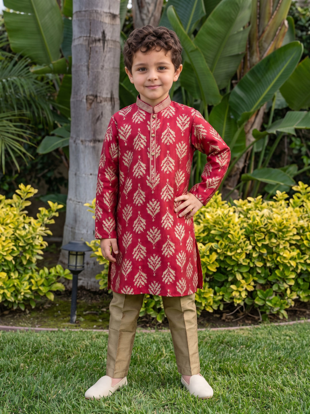 Maroon Printed Cotton Linen Kurta with Antique Gold Aligarhi Pant Set for Boys