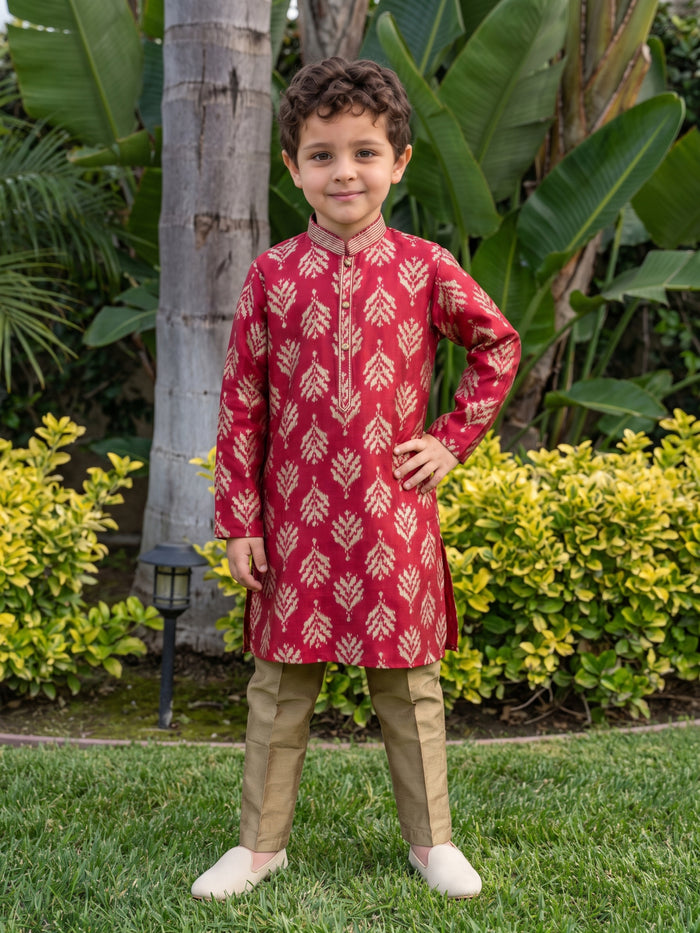 Maroon Printed Cotton Linen Kurta with Antique Gold Aligarhi Pant Set for Boys