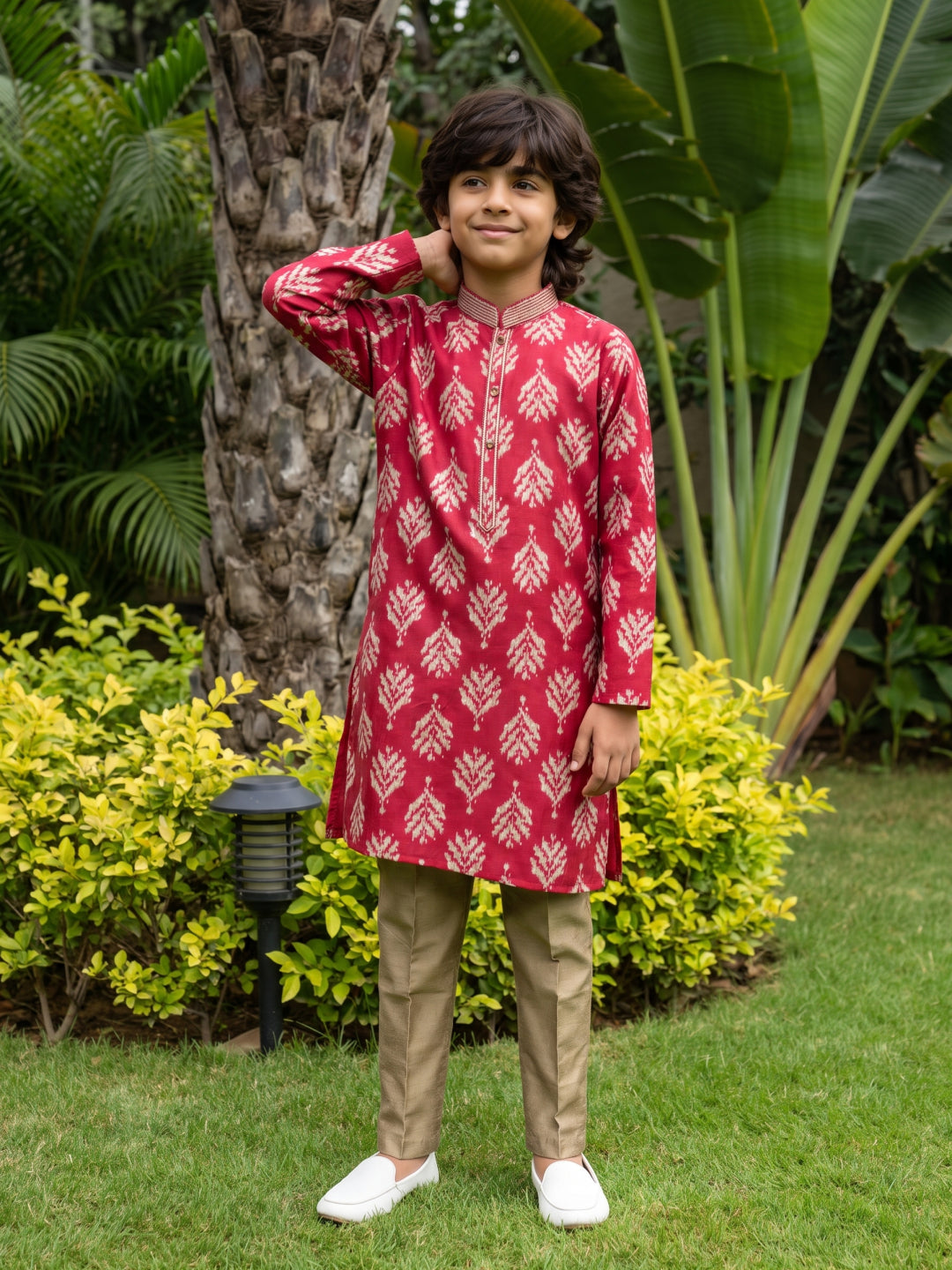 Maroon Printed Cotton Linen Kurta with Antique Gold Aligarhi Pant Set for Boys