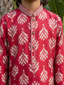 Maroon Printed Cotton Linen Kurta with Antique Gold Aligarhi Pant Set for Boys
