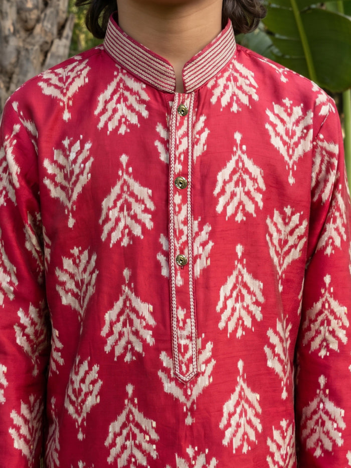 Maroon Printed Cotton Linen Kurta with Antique Gold Aligarhi Pant Set for Boys